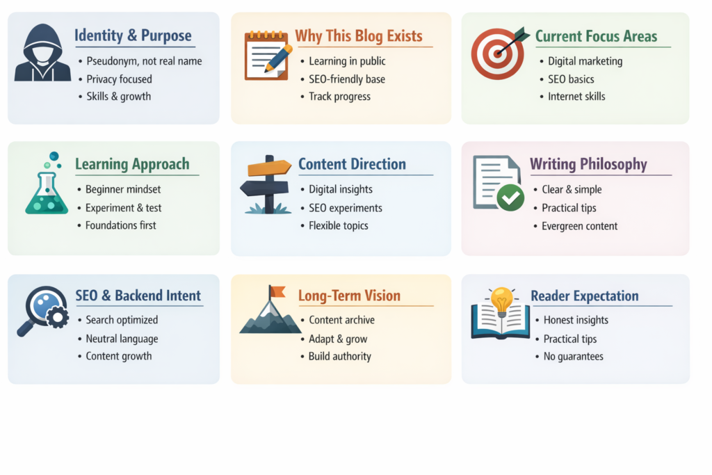 Digital marketing learning infographic showing identity, content direction, SEO intent, and skill-based blogging structure